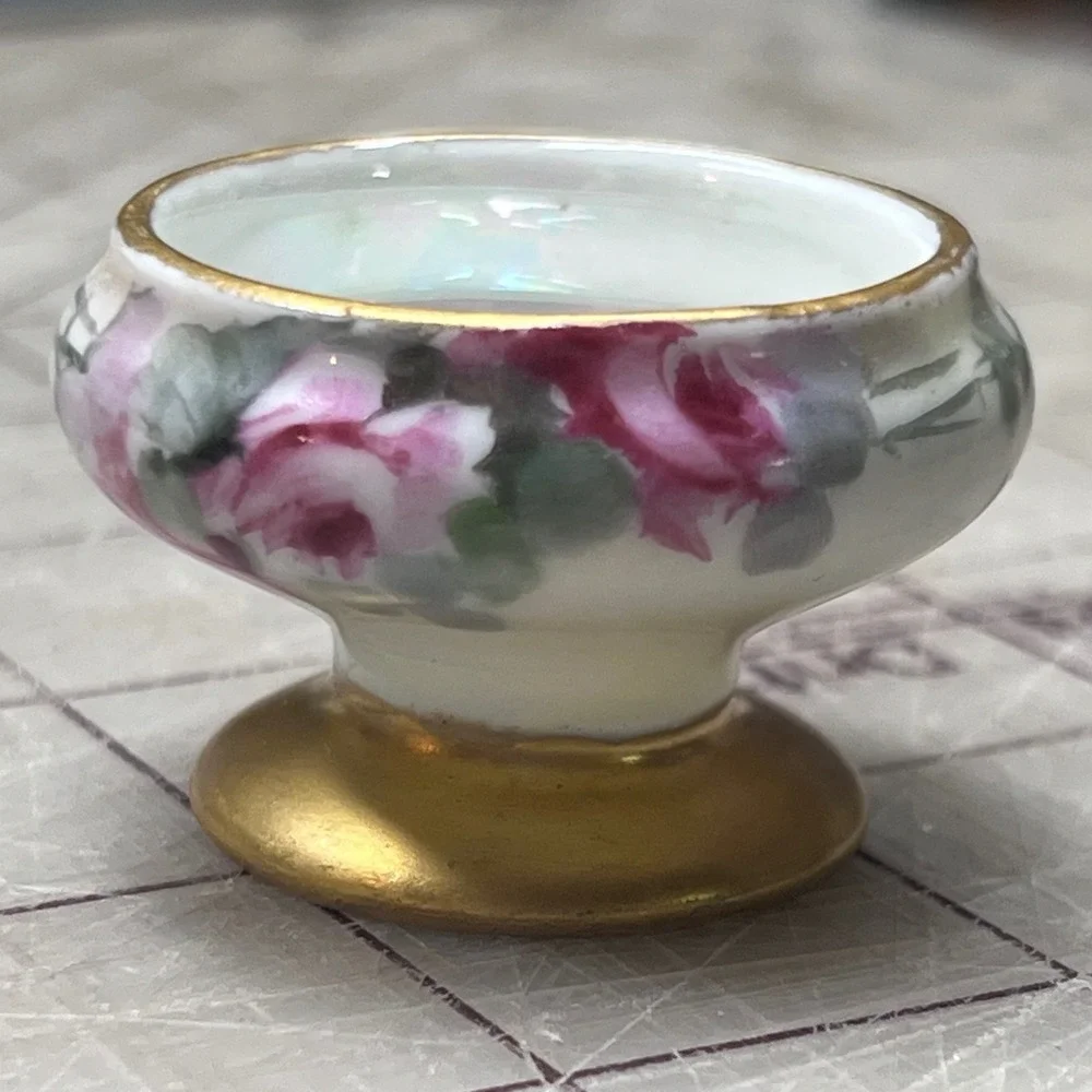 Vintage Hand Painted Porcelain Salt Cellars Set of 6 Pink Rose Gold Footed Bowls